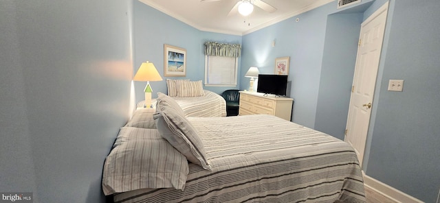 bedroom featuring ceiling fan and ornamental molding