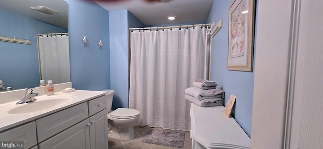 bathroom with toilet, a shower with shower curtain, tile patterned flooring, and vanity