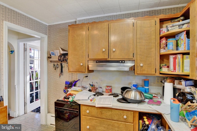 kitchen with crown molding and tasteful backsplash