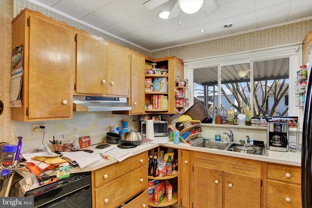 kitchen featuring ceiling fan, decorative backsplash, dishwashing machine, and sink