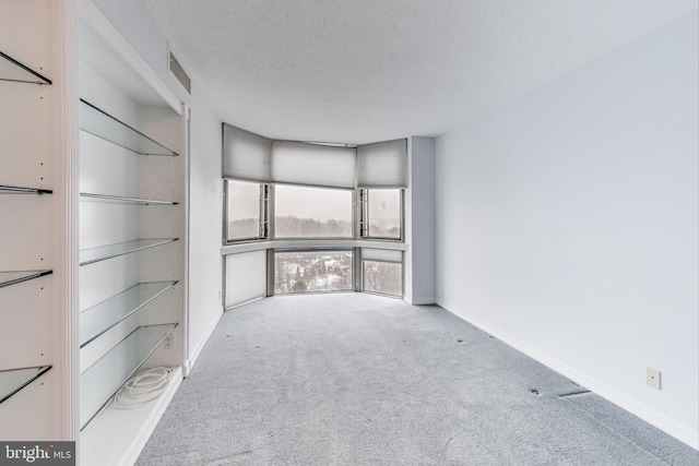 unfurnished room with light carpet and a textured ceiling