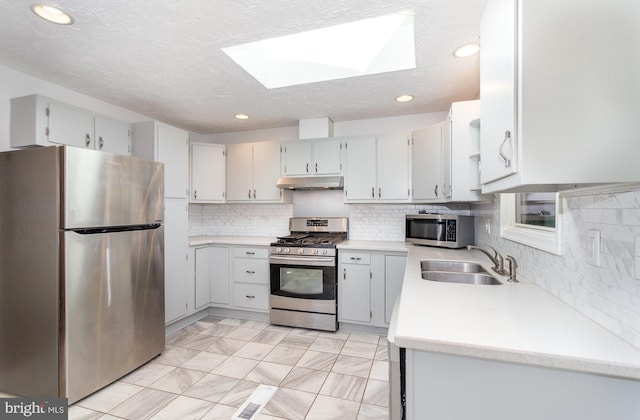 kitchen with under cabinet range hood, stainless steel appliances, light countertops, and a sink