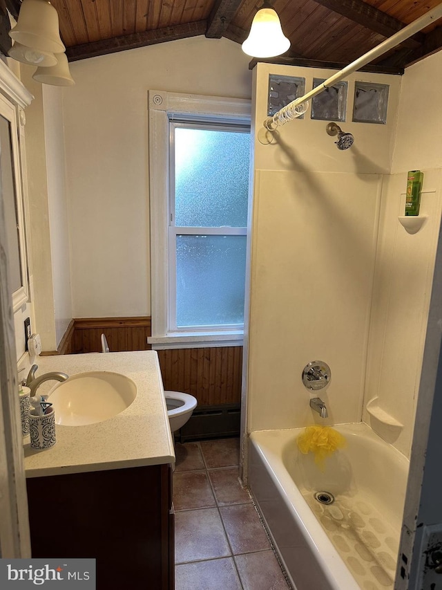 full bathroom featuring toilet, wood ceiling, wood walls, vaulted ceiling, and vanity