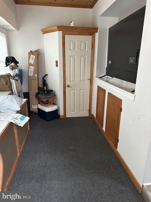 interior space featuring dark colored carpet