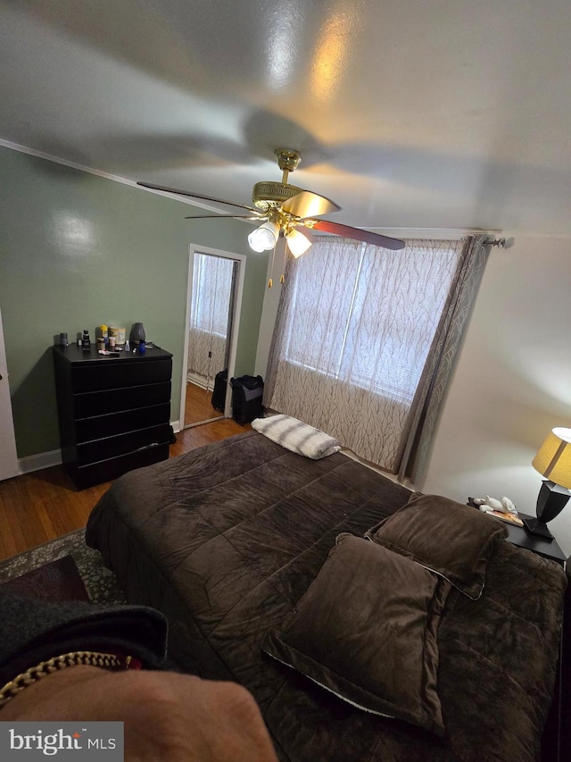 bedroom featuring hardwood / wood-style flooring and ceiling fan