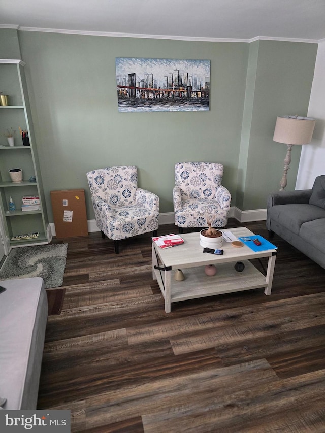 living room with crown molding and dark wood-type flooring