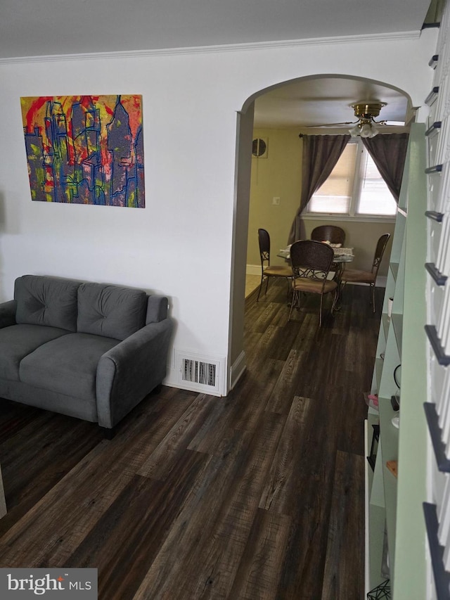 living room featuring ceiling fan and dark hardwood / wood-style floors