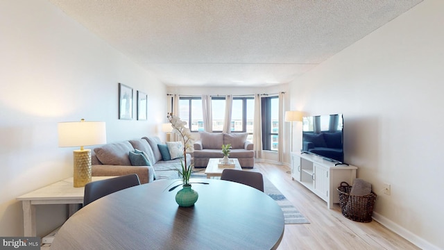 living room featuring a textured ceiling and light wood-type flooring