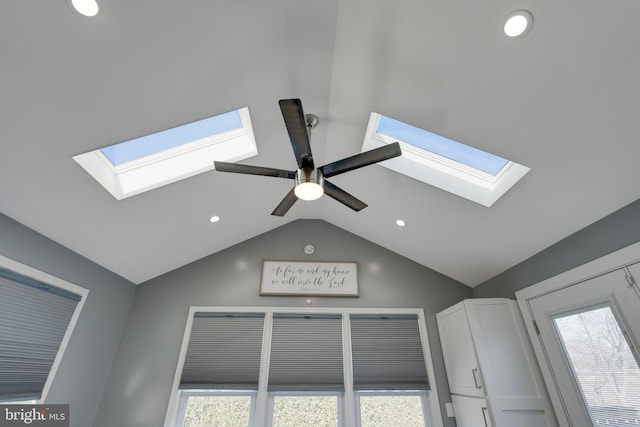 room details with a ceiling fan, a skylight, and recessed lighting