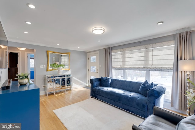 living area with baseboards, ornamental molding, wood finished floors, and recessed lighting