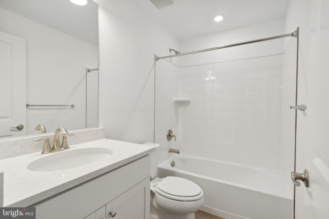 full bathroom with toilet, vanity, and bathing tub / shower combination