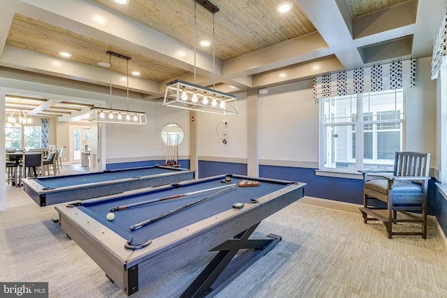 recreation room with pool table, beamed ceiling, light colored carpet, wooden ceiling, and coffered ceiling