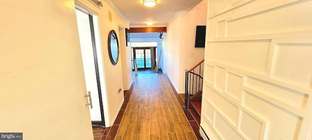 hallway featuring dark wood-type flooring and ornamental molding