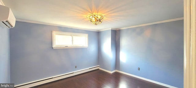 unfurnished room featuring hardwood / wood-style flooring, a baseboard heating unit, crown molding, and a wall mounted air conditioner