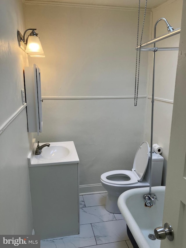 bathroom with a washtub, toilet, and vanity