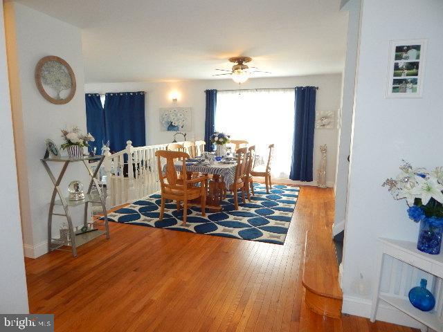 dining space featuring hardwood / wood-style flooring and ceiling fan