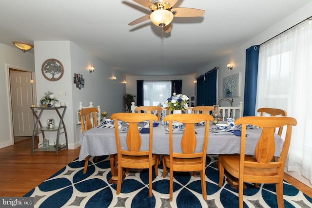 dining area featuring light hardwood / wood-style floors, a healthy amount of sunlight, and ceiling fan