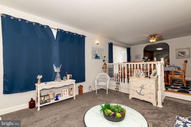 interior space with ceiling fan and carpet