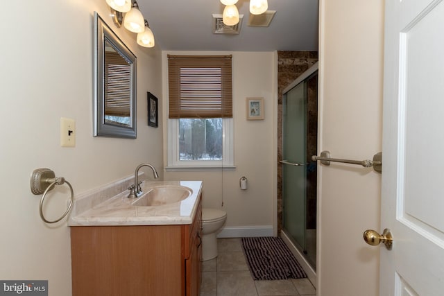 bathroom with vanity, toilet, tile patterned floors, and an enclosed shower