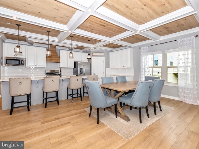 dining space featuring light hardwood / wood-style floors, coffered ceiling, and wood ceiling