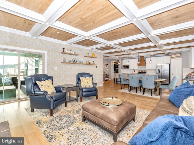 living room with light wood-type flooring, coffered ceiling, wooden ceiling, and beam ceiling