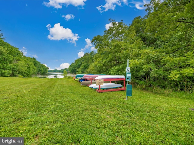 view of property's community with a yard and a water view