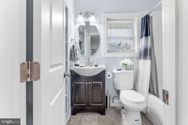 full bathroom featuring toilet, vanity, shower / bathtub combination with curtain, and tile patterned flooring