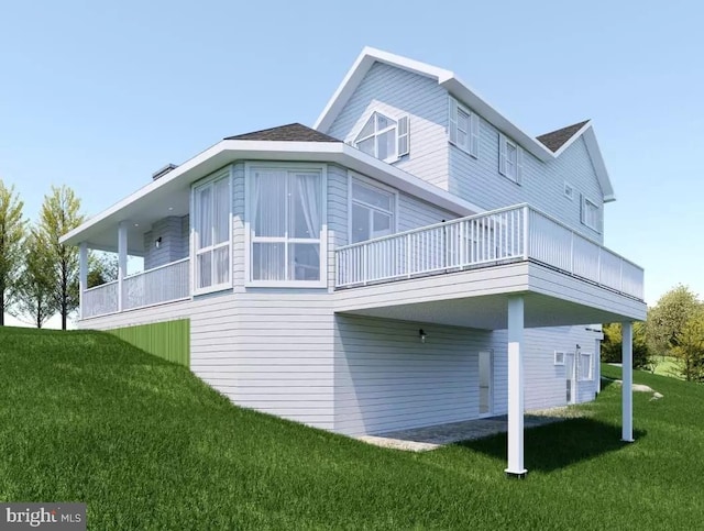 view of property exterior featuring a balcony and a lawn