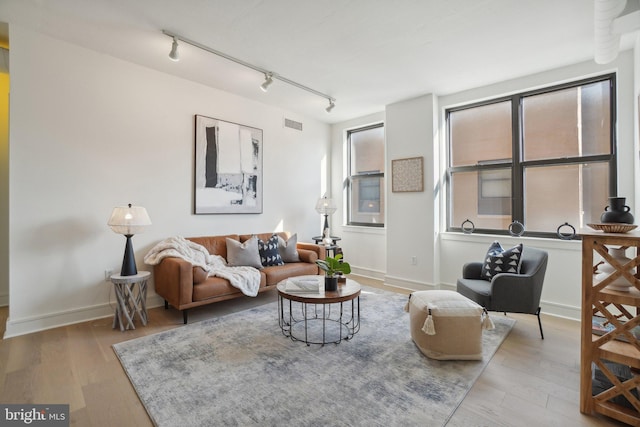 living room with light hardwood / wood-style floors and track lighting