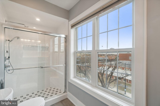 bathroom featuring plenty of natural light, toilet, and an enclosed shower