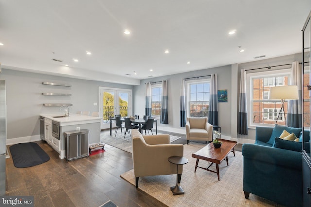 living room with sink and hardwood / wood-style floors