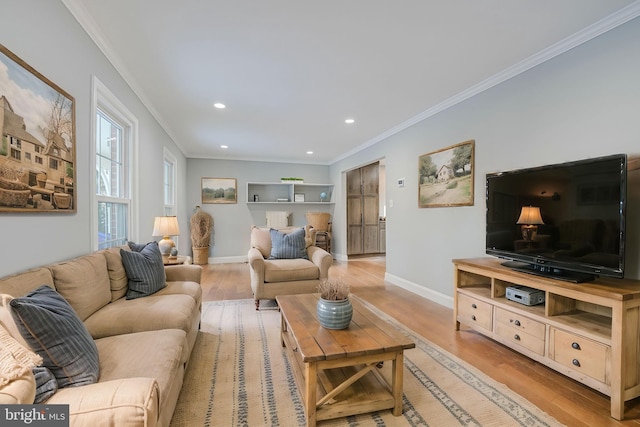 living room featuring crown molding and light hardwood / wood-style flooring