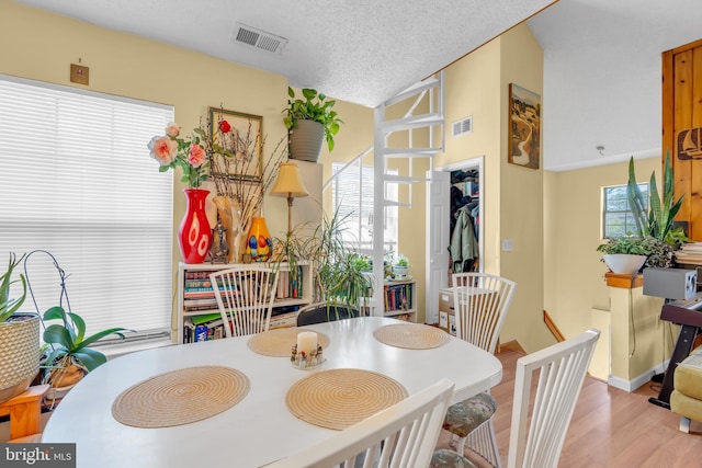 dining room with a healthy amount of sunlight, a textured ceiling, and light hardwood / wood-style flooring