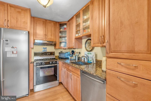 kitchen featuring sink, appliances with stainless steel finishes, dark stone counters, and light wood-type flooring