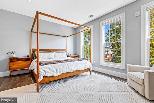 bedroom featuring wood-type flooring and multiple windows