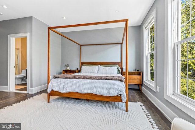 bedroom featuring wood-type flooring, multiple windows, and ensuite bath