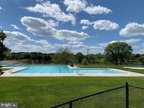 view of swimming pool featuring a lawn