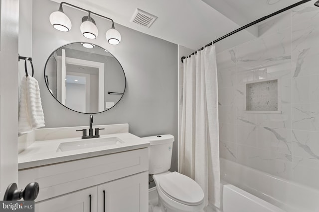 full bathroom featuring toilet, vanity, and shower / bathtub combination with curtain