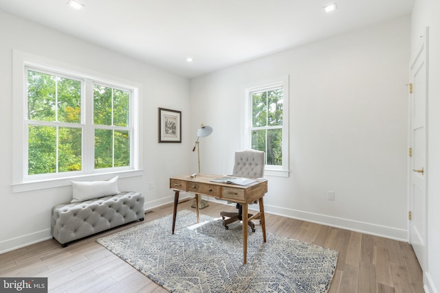 office space with light wood-type flooring and a healthy amount of sunlight