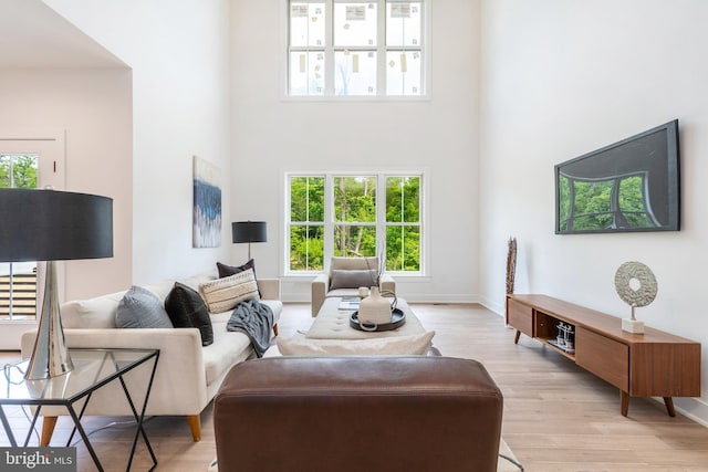 living room featuring a towering ceiling and light wood-type flooring