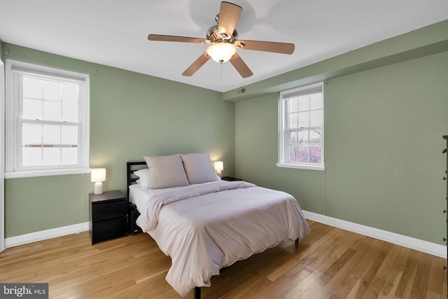 bedroom featuring ceiling fan and light hardwood / wood-style flooring