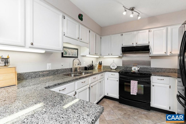 kitchen featuring white cabinetry, black range with electric stovetop, sink, light tile patterned floors, and stone counters