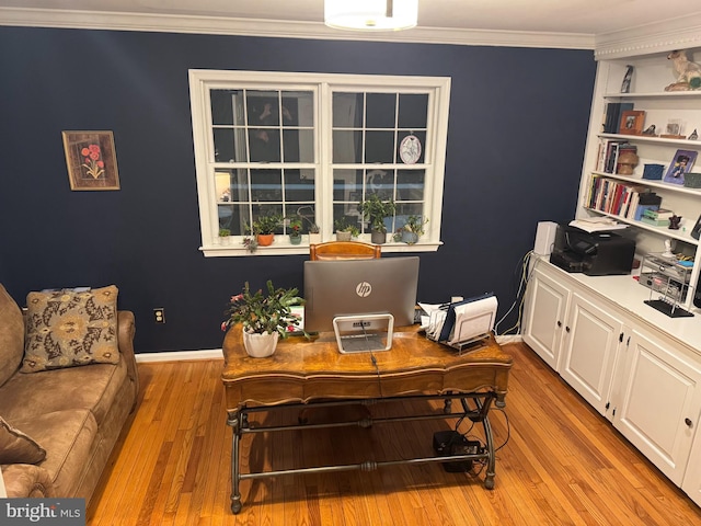 home office featuring light hardwood / wood-style floors and ornamental molding