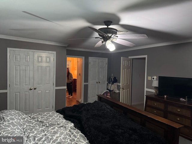 bedroom featuring ceiling fan, ornamental molding, and two closets