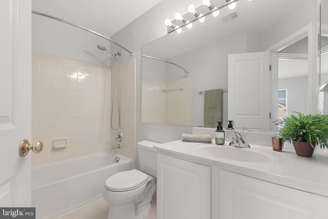 full bath with vanity, shower / tub combination, toilet, and visible vents