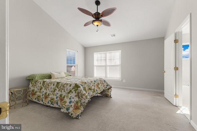 bedroom featuring baseboards, visible vents, carpet floors, lofted ceiling, and ceiling fan