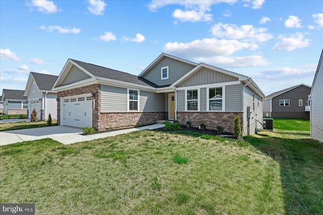 craftsman-style house with central AC unit, a front yard, and a garage