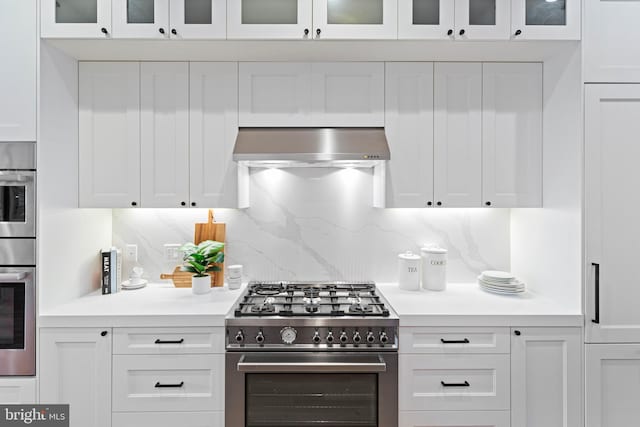 kitchen with stainless steel appliances, white cabinetry, exhaust hood, and decorative backsplash