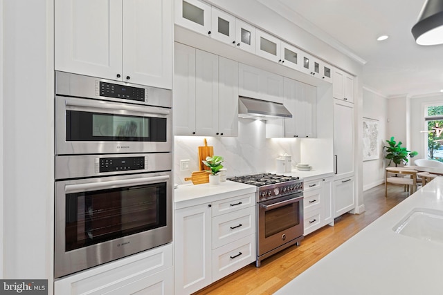 kitchen with exhaust hood, white cabinetry, ornamental molding, light hardwood / wood-style flooring, and stainless steel appliances