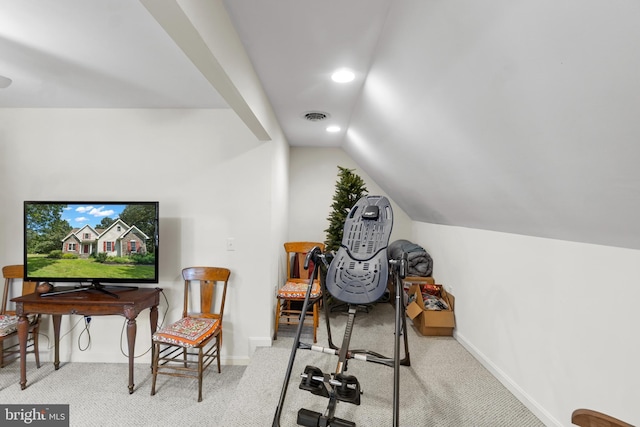 interior space with light carpet and lofted ceiling